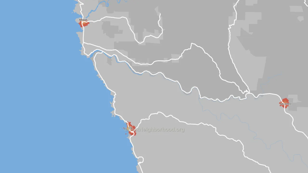 Walk Grade map of Elk, CA, walkable areas in green and car-dependent areas in red