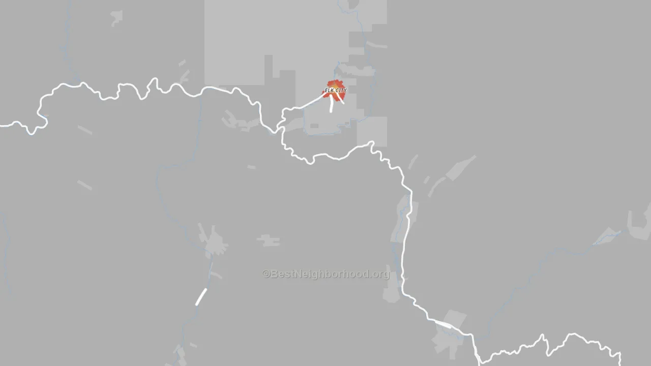 Walk Grade map of Elk City, ID, walkable areas in green and car-dependent areas in red
