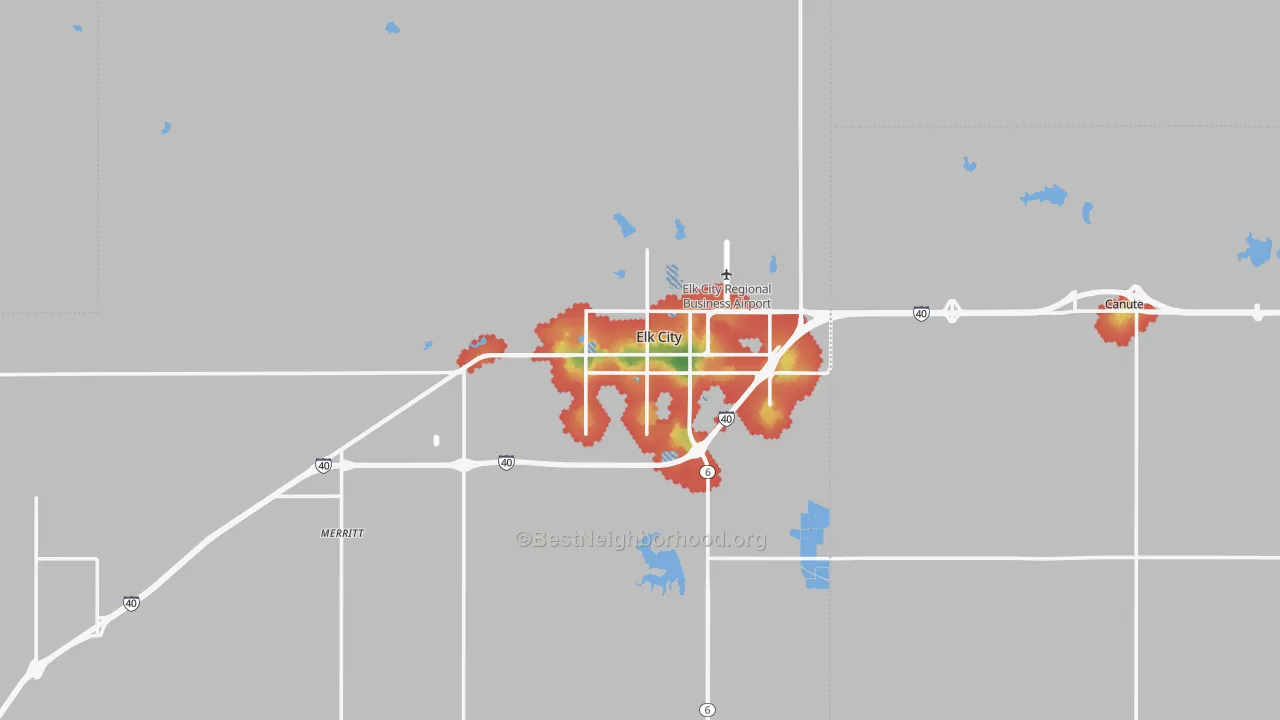Walk Grade map of Elk City, OK, walkable areas in green and car-dependent areas in red