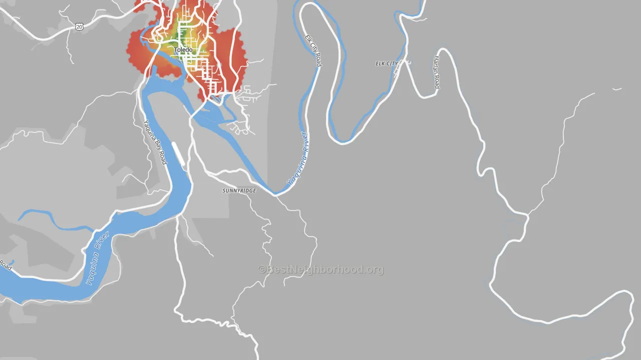 Walk Grade map of Elk City, OR, walkable areas in green and car-dependent areas in red