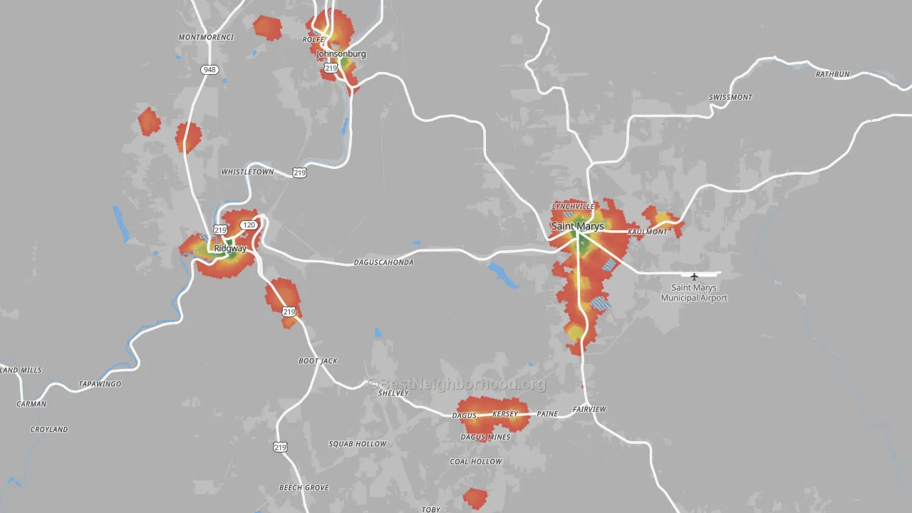 Walk Grade map of Elk County, PA, walkable areas in green and car-dependent areas in red