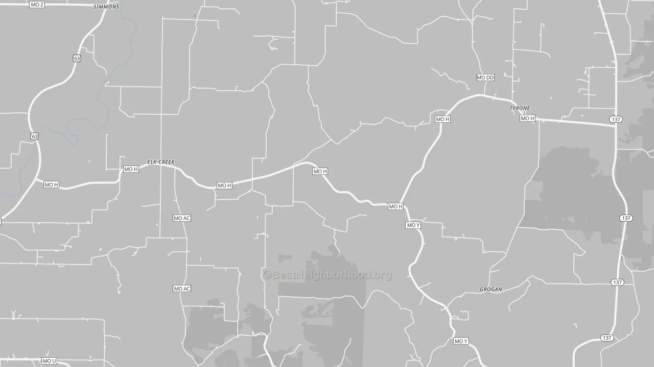 Walk Grade map of Elk Creek, MO, walkable areas in green and car-dependent areas in red