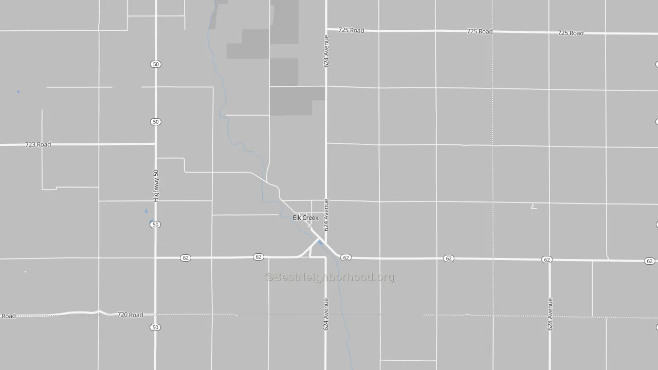 Walk Grade map of Elk Creek, NE, walkable areas in green and car-dependent areas in red