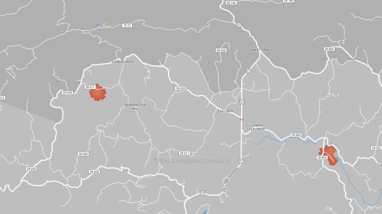 Walk Grade map of Elk Creek, VA, walkable areas in green and car-dependent areas in red