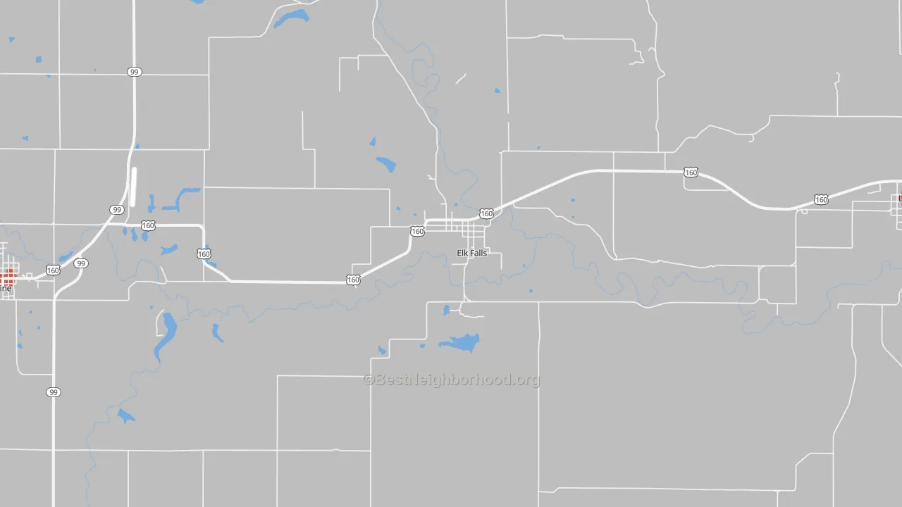 Walk Grade map of Elk Falls, KS, walkable areas in green and car-dependent areas in red