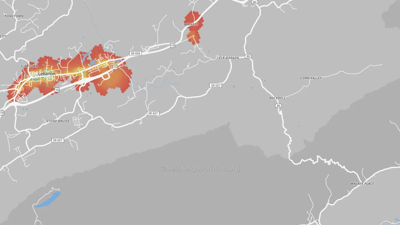 Walk Grade map of Elk Garden, VA, walkable areas in green and car-dependent areas in red