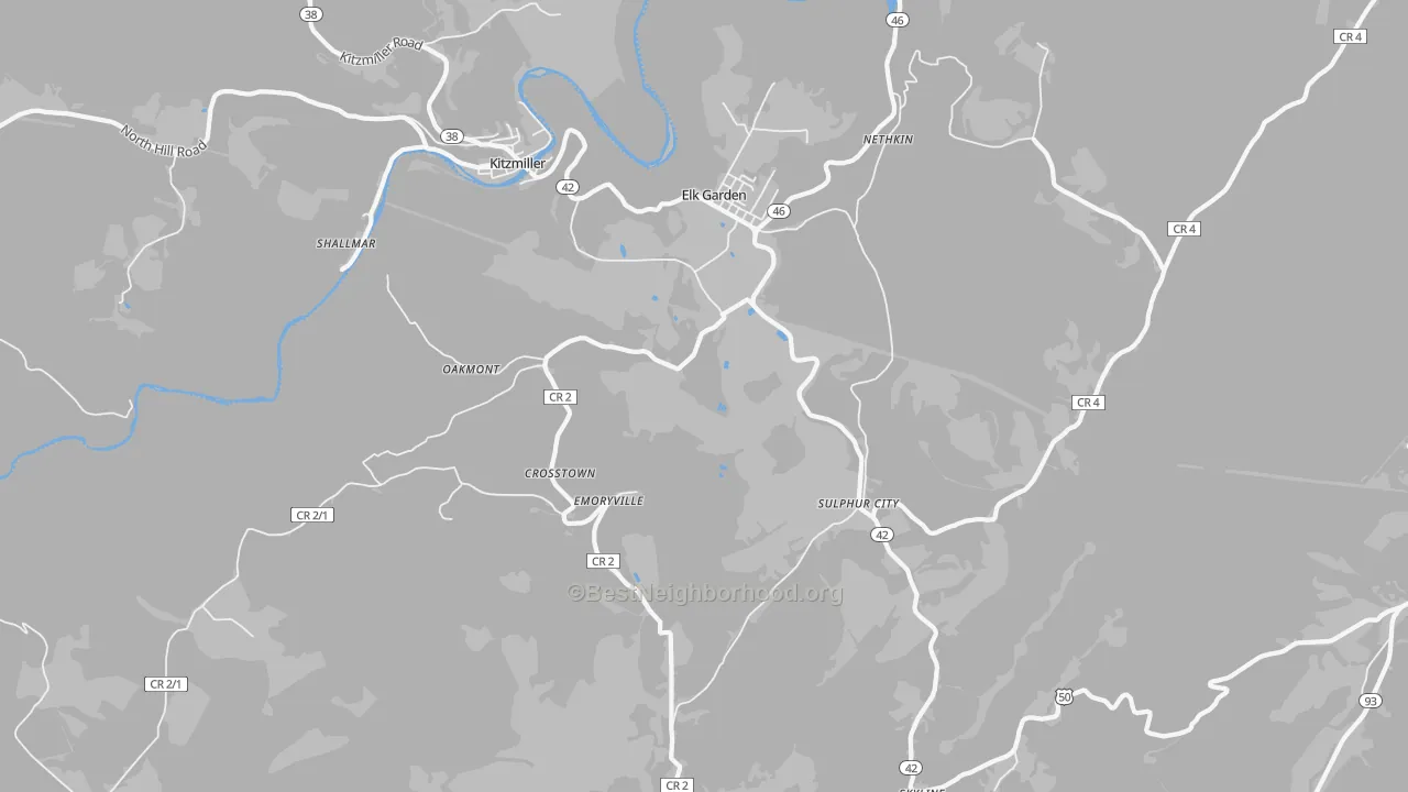 Walk Grade map of Elk Garden, WV, walkable areas in green and car-dependent areas in red
