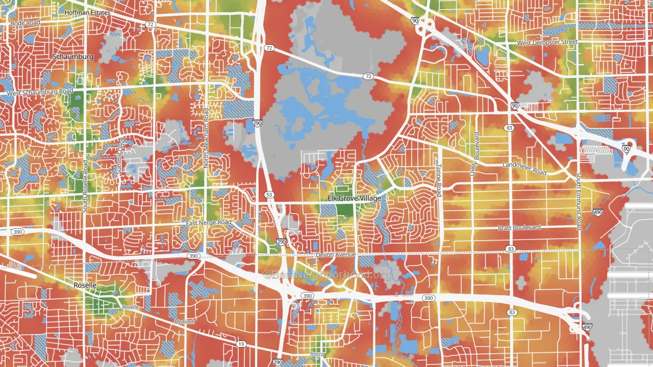 Walk Grade map of Elk Grove Village, IL, walkable areas in green and car-dependent areas in red