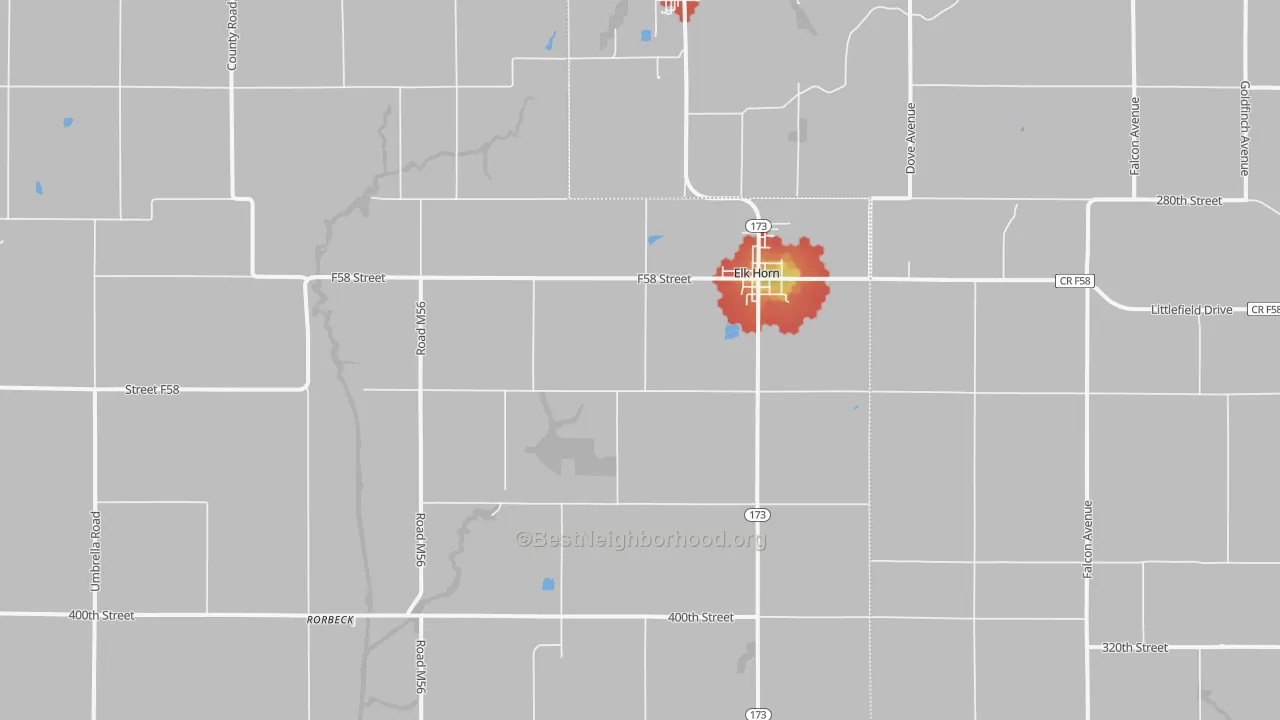 Walk Grade map of Elk Horn, IA, walkable areas in green and car-dependent areas in red