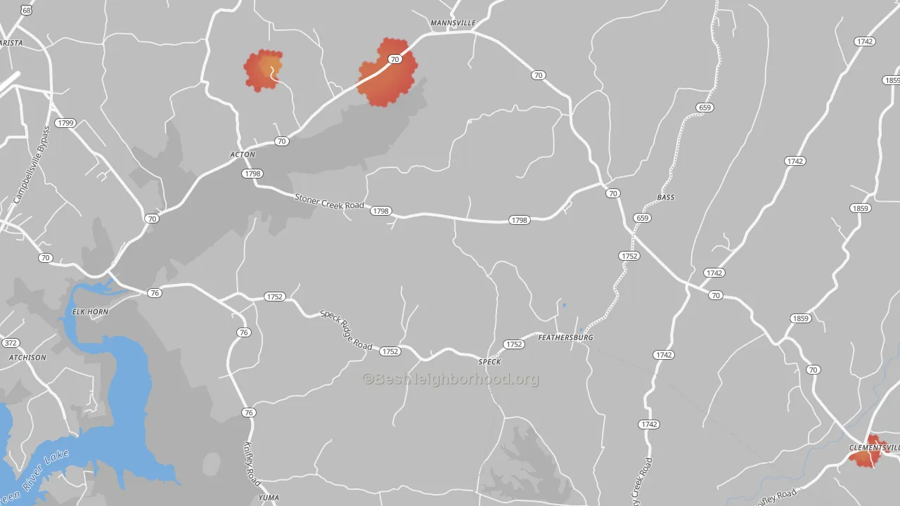 Walk Grade map of Elk Horn, KY, walkable areas in green and car-dependent areas in red