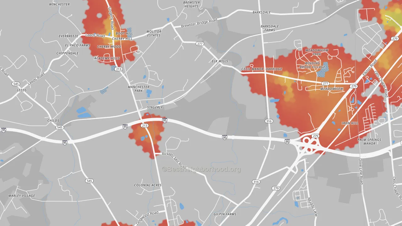 Walk Grade map of Elk Mills, MD, walkable areas in green and car-dependent areas in red
