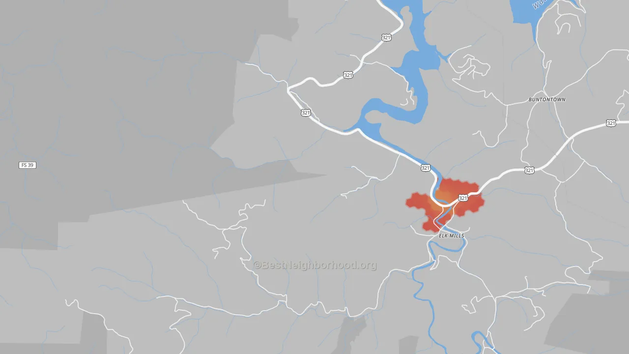 Walk Grade map of Elk Mills, TN, walkable areas in green and car-dependent areas in red
