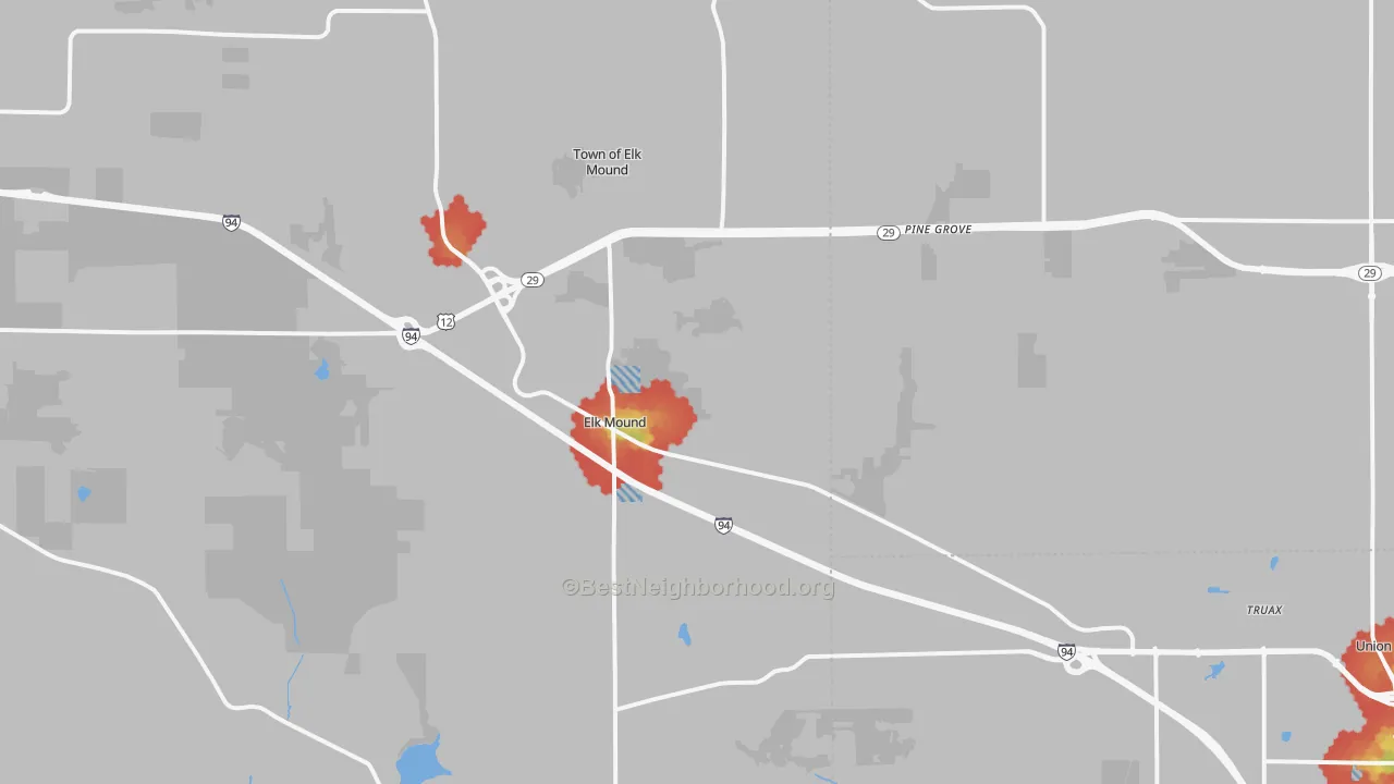 Walk Grade map of Elk Mound, WI, walkable areas in green and car-dependent areas in red
