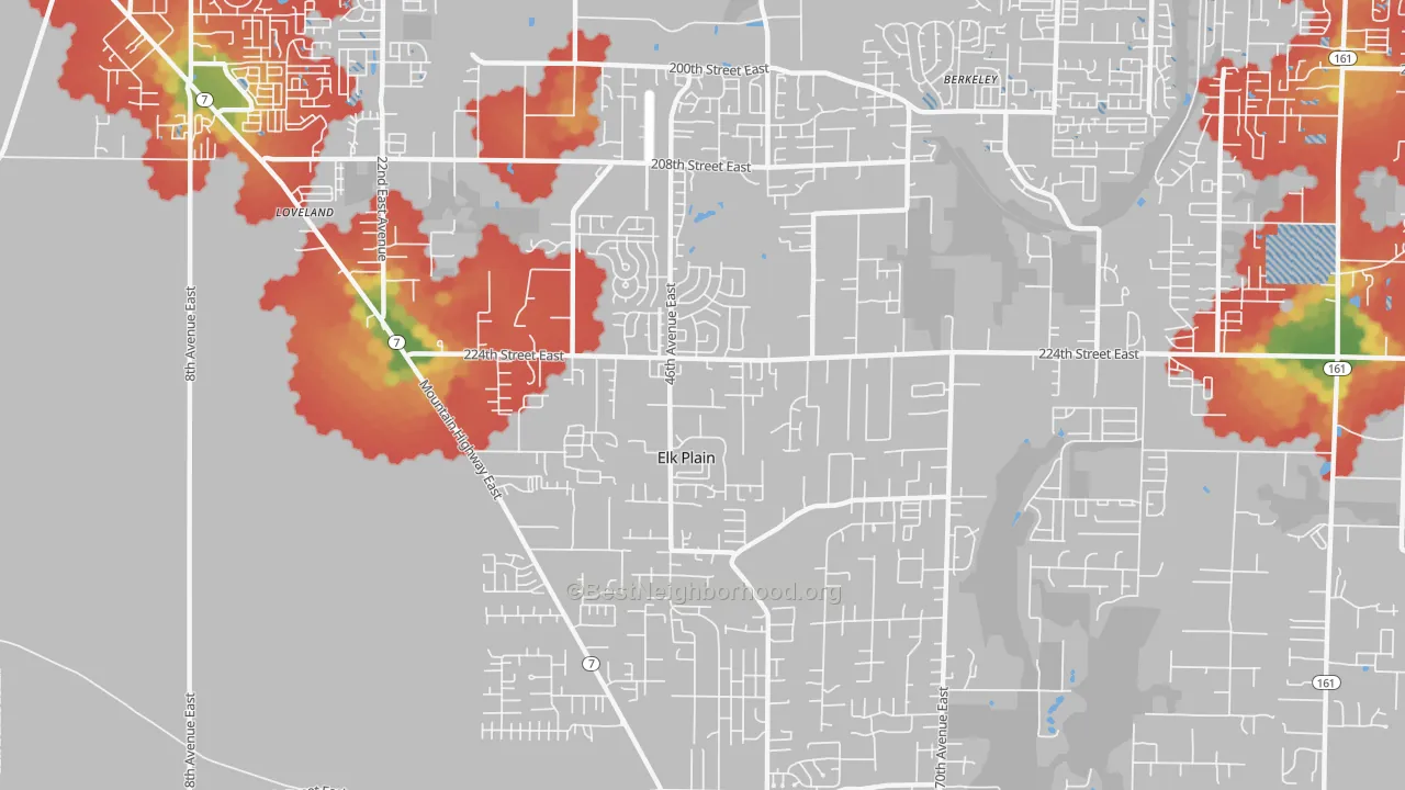 Walk Grade map of Elk Plain, Spanaway, WA, walkable areas in green and car-dependent areas in red