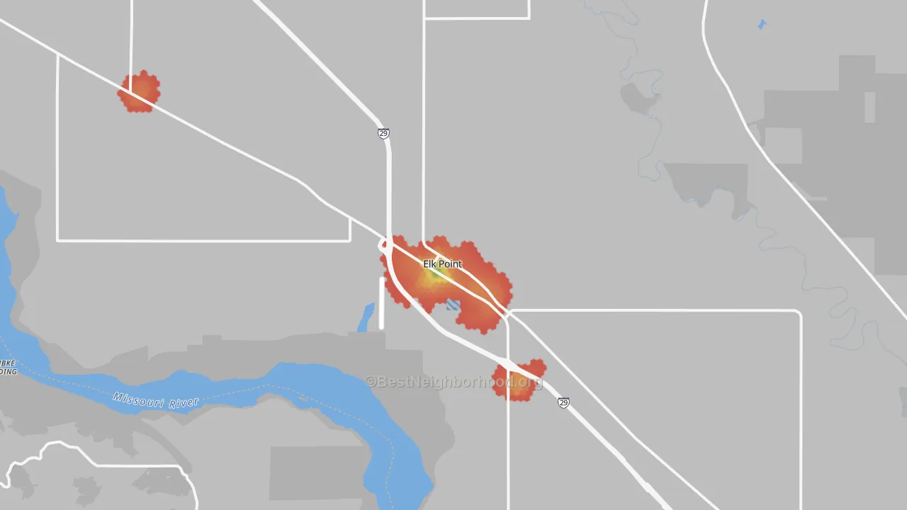 Walk Grade map of Elk Point, SD, walkable areas in green and car-dependent areas in red