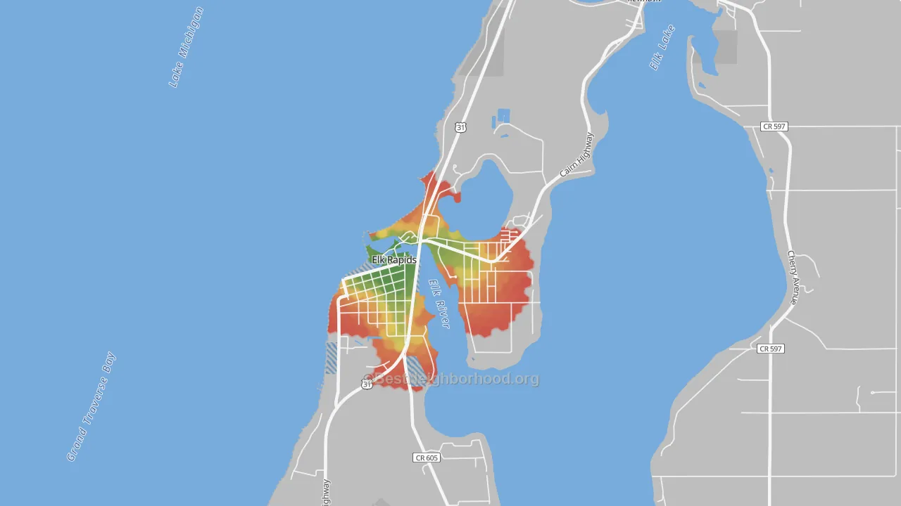 Walk Grade map of Elk Rapids, MI, walkable areas in green and car-dependent areas in red