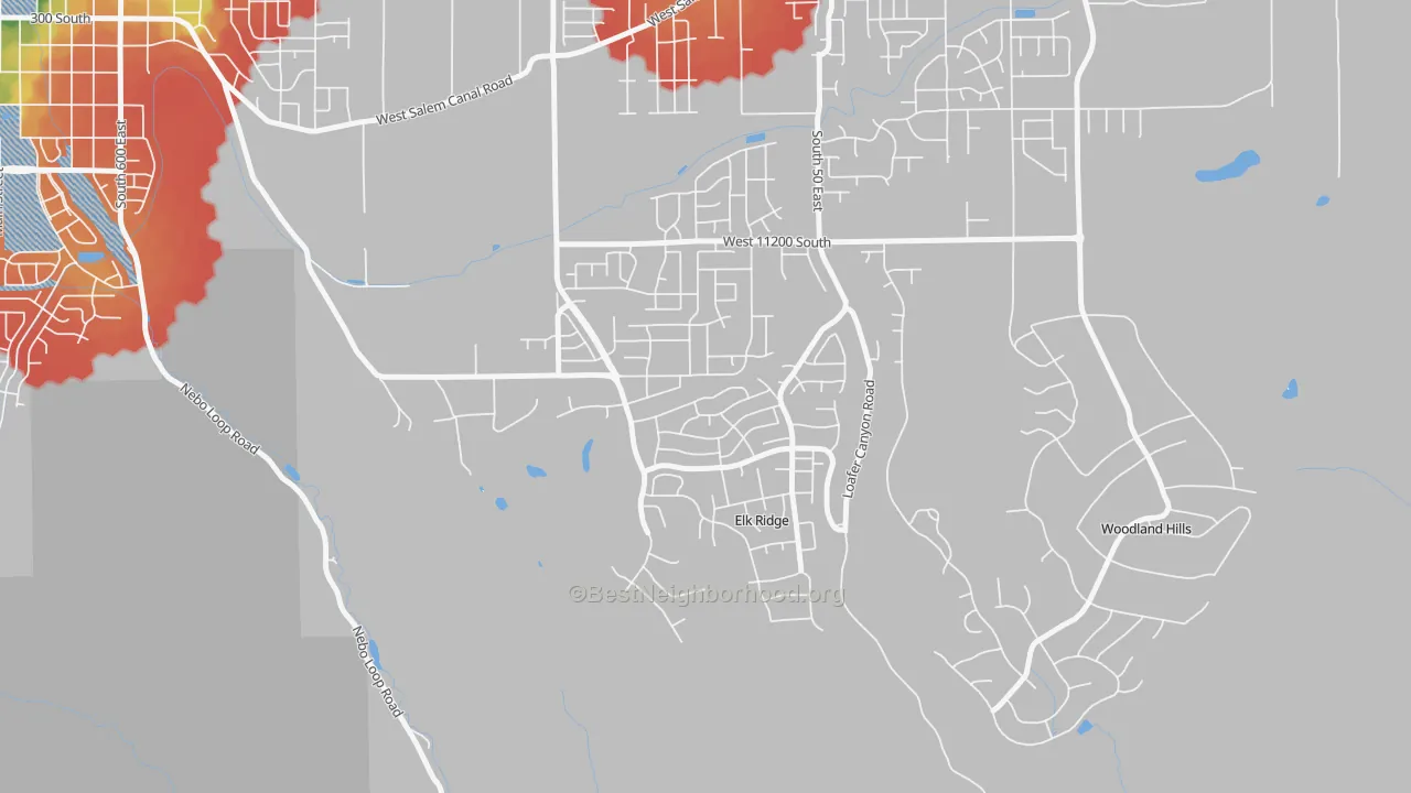 Walk Grade map of Elk Ridge, UT, walkable areas in green and car-dependent areas in red