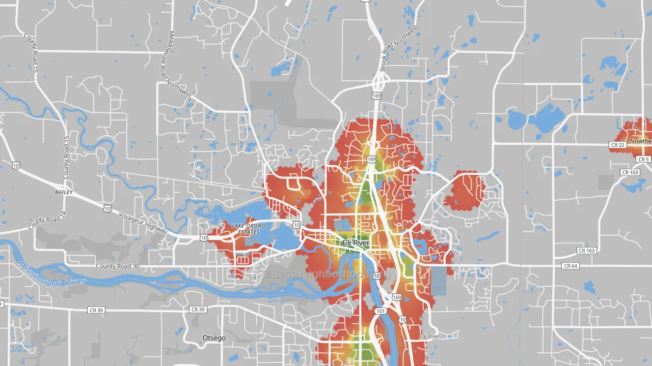 Walk Grade map of Elk River, MN, walkable areas in green and car-dependent areas in red