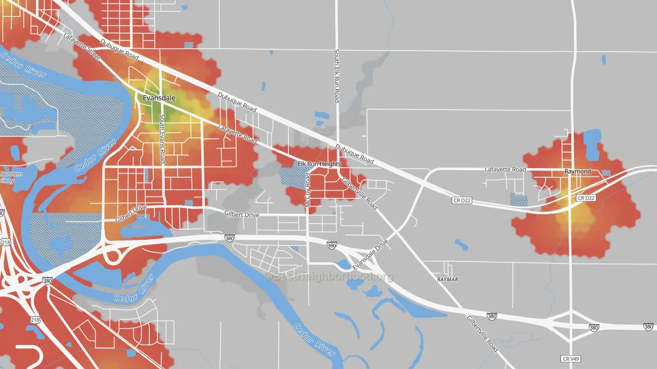 Walk Grade map of Elk Run Heights, IA, walkable areas in green and car-dependent areas in red