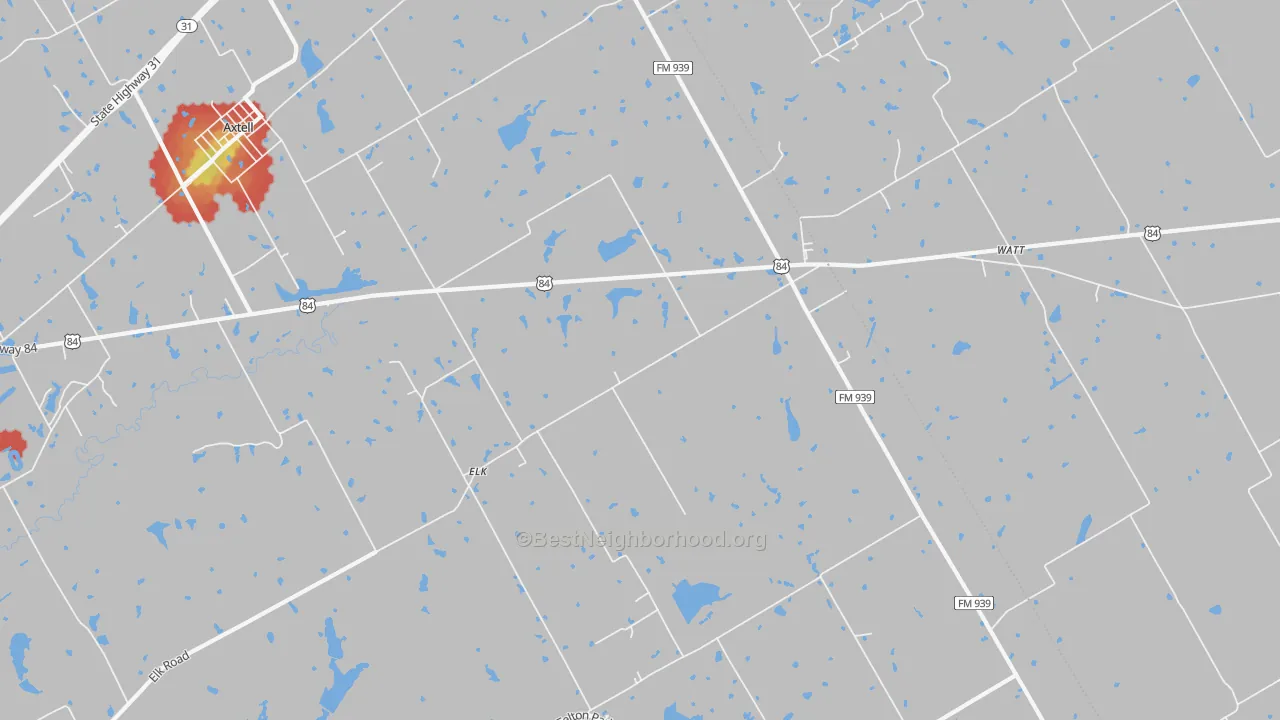 Walk Grade map of Elk, TX, walkable areas in green and car-dependent areas in red