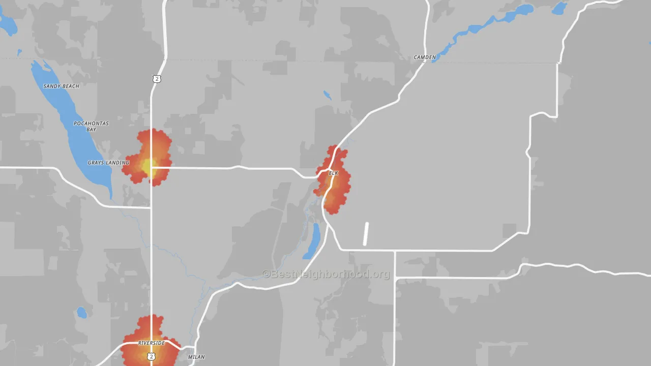 Walk Grade map of Elk, WA, walkable areas in green and car-dependent areas in red