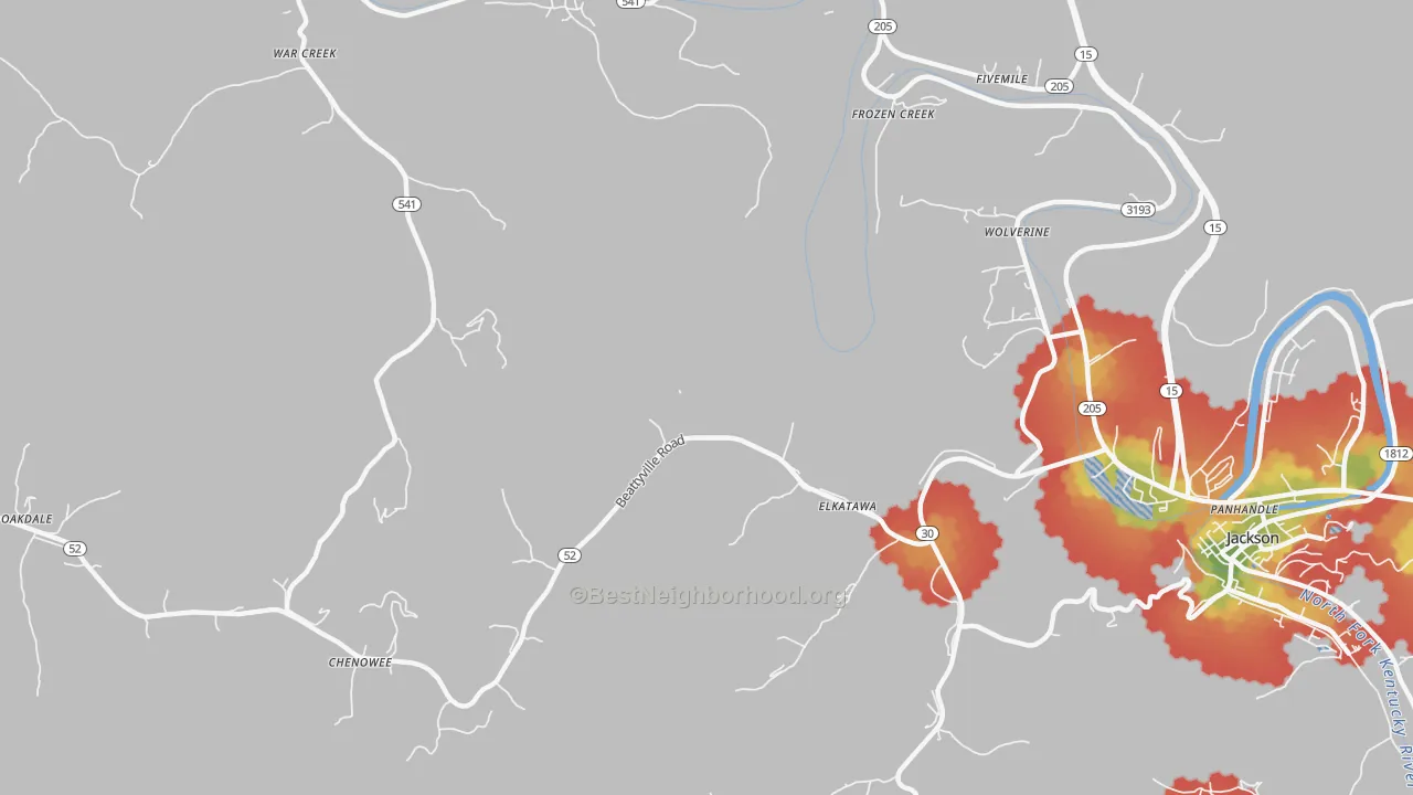 Walk Grade map of Elkatawa, KY, walkable areas in green and car-dependent areas in red