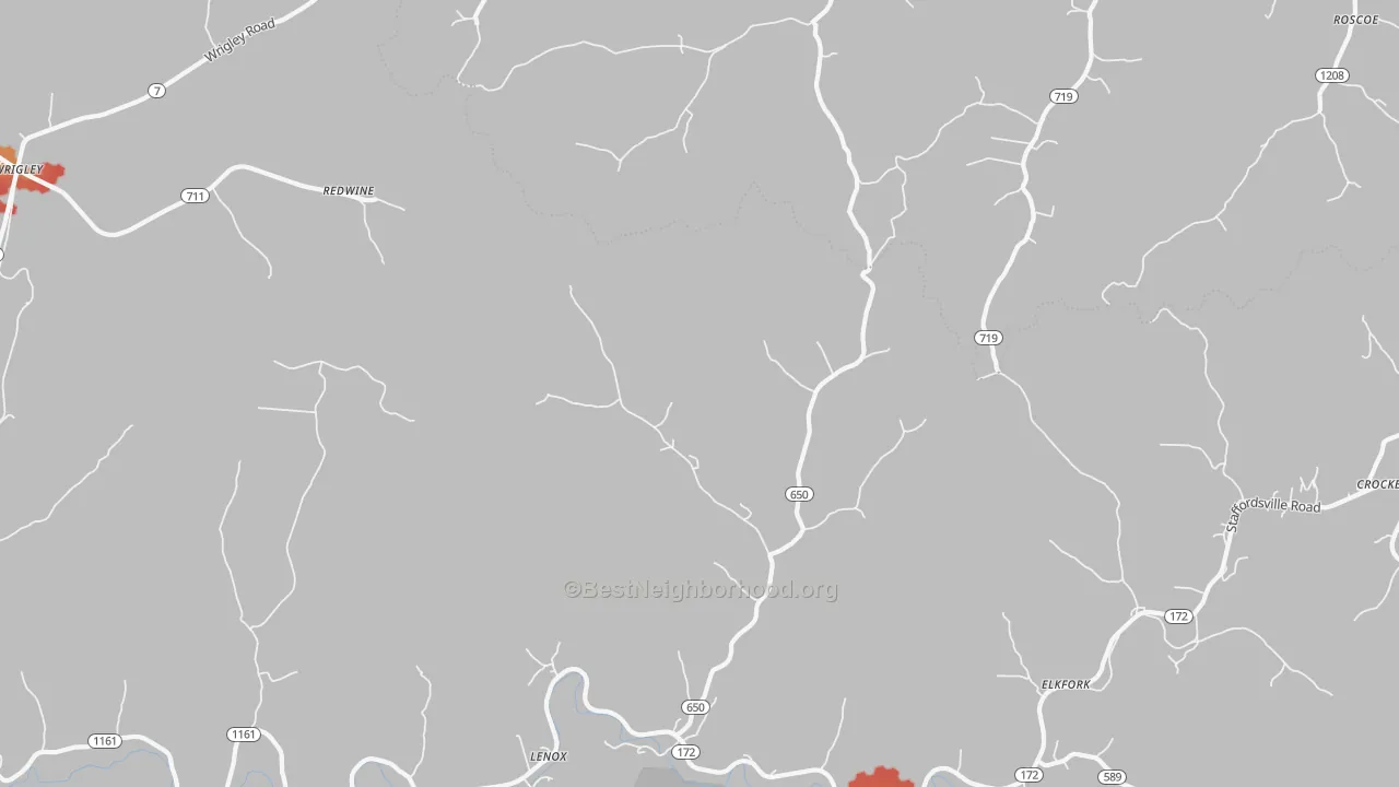 Walk Grade map of Elkfork, KY, walkable areas in green and car-dependent areas in red
