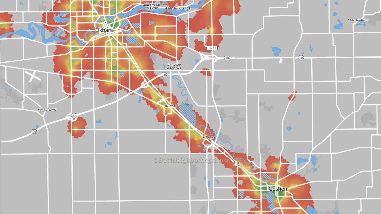 Walk Grade map of Elkhart County, IN, walkable areas in green and car-dependent areas in red