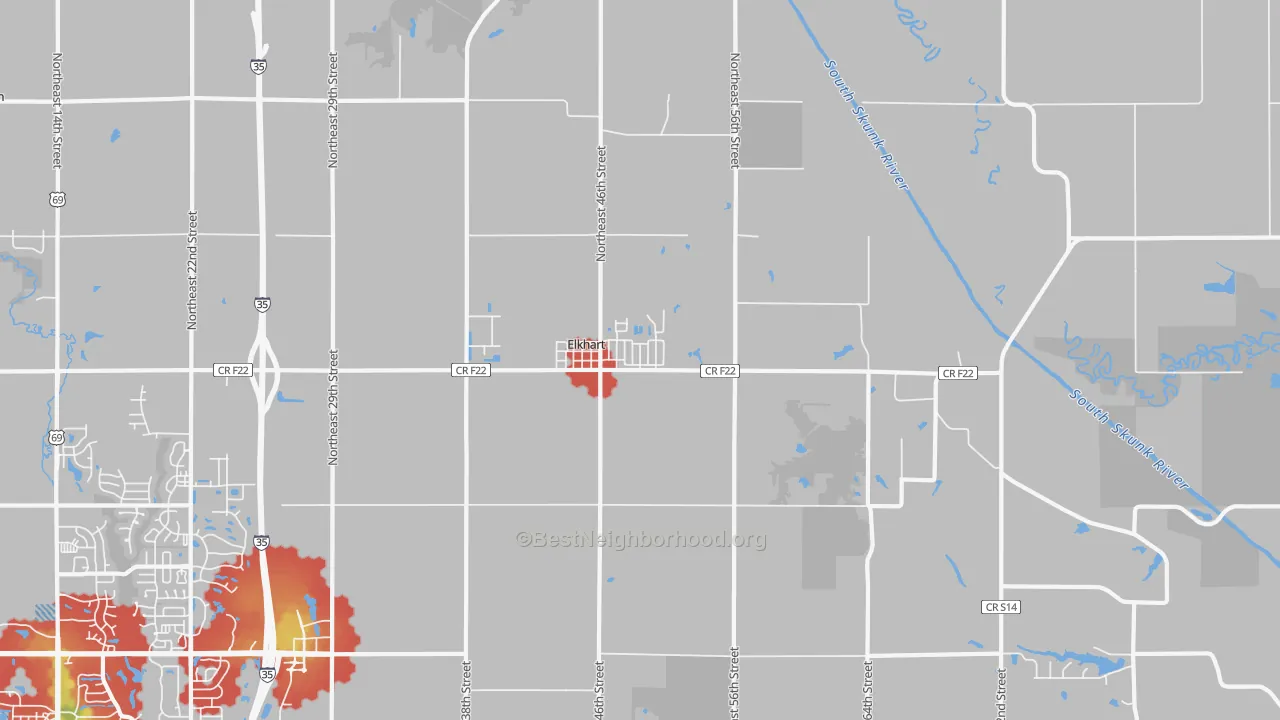 Walk Grade map of Elkhart, IA, walkable areas in green and car-dependent areas in red