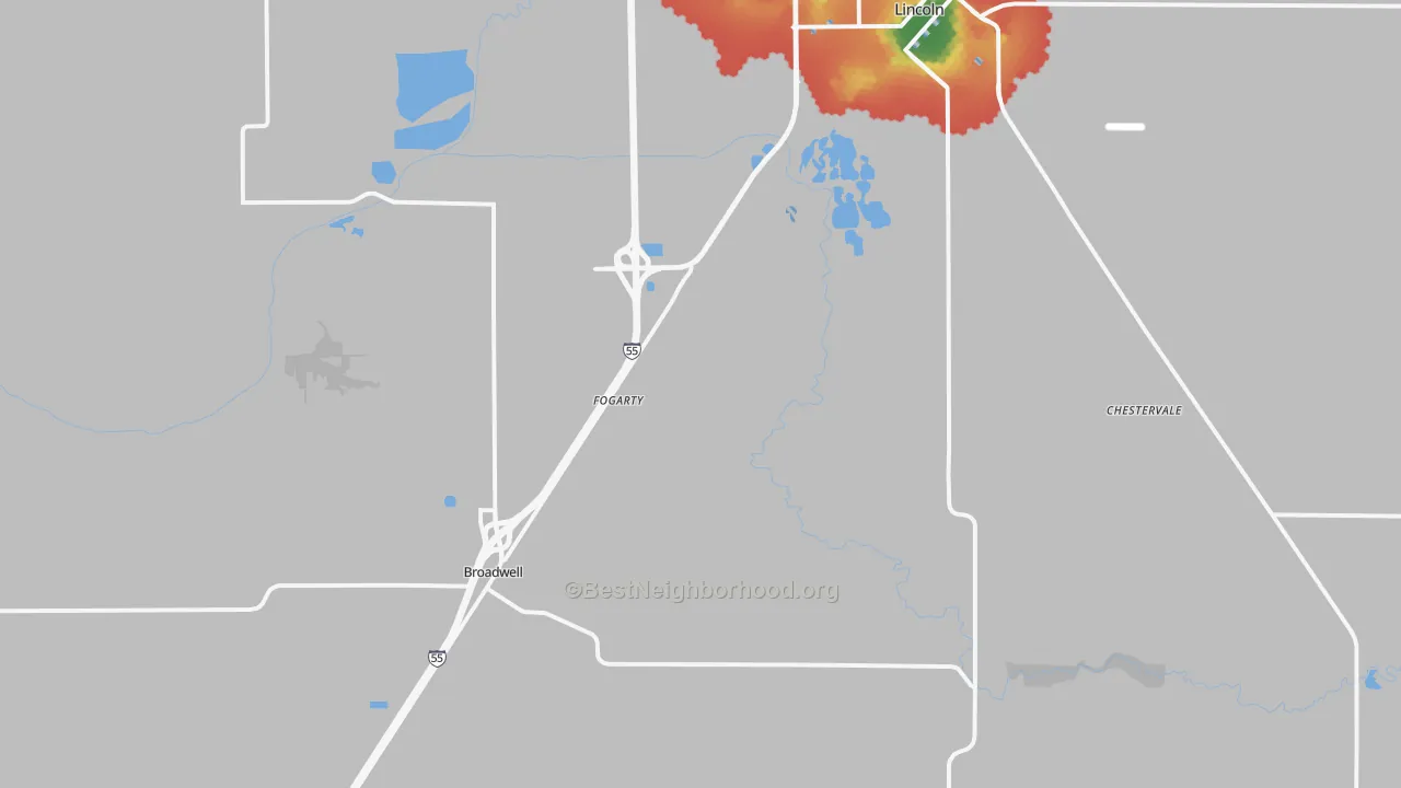 Walk Grade map of Elkhart, IL, walkable areas in green and car-dependent areas in red