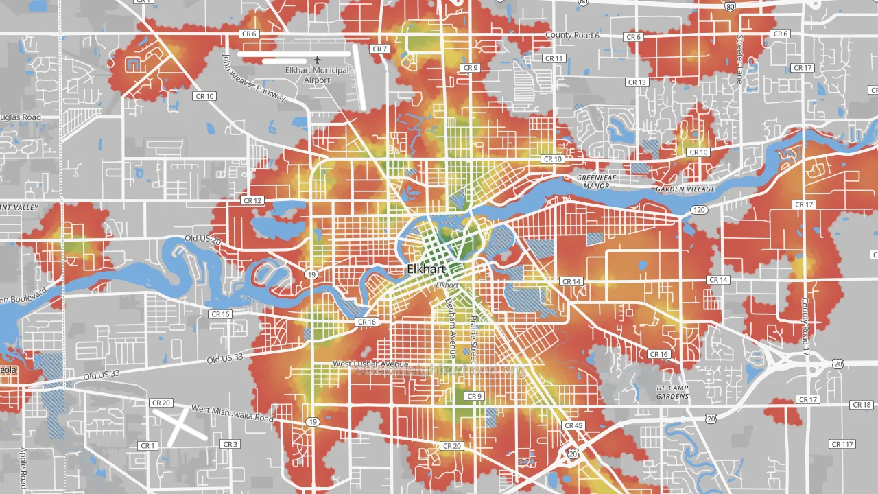 Walk Grade map of Elkhart, IN, walkable areas in green and car-dependent areas in red