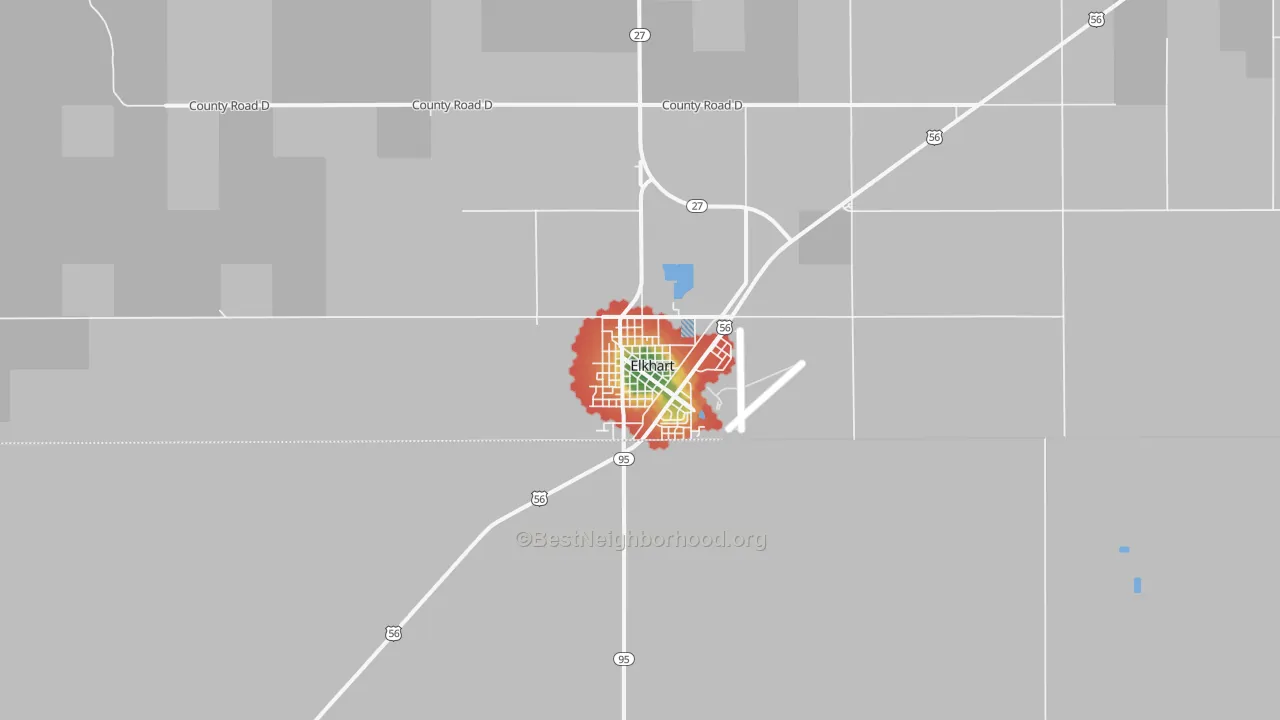 Walk Grade map of Elkhart, KS, walkable areas in green and car-dependent areas in red