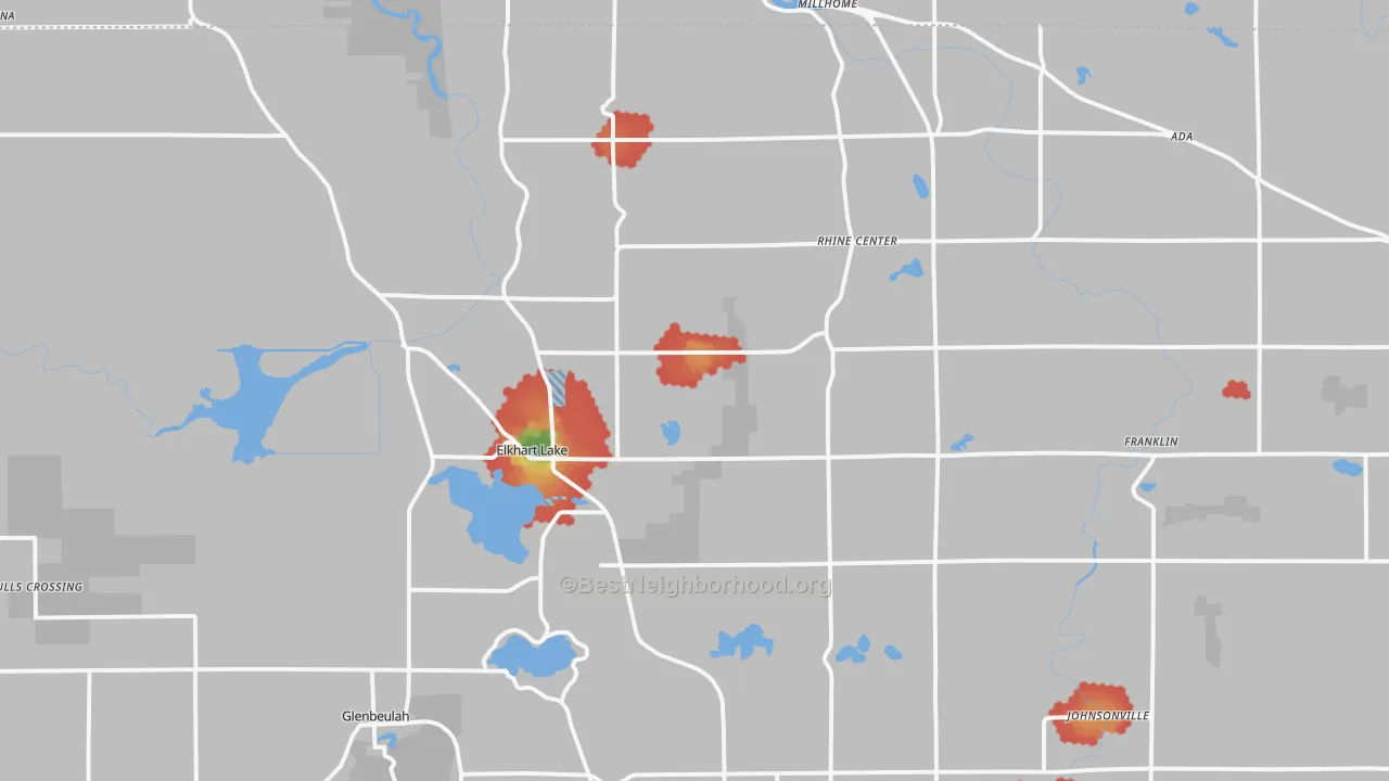 Walk Grade map of Elkhart Lake, WI, walkable areas in green and car-dependent areas in red