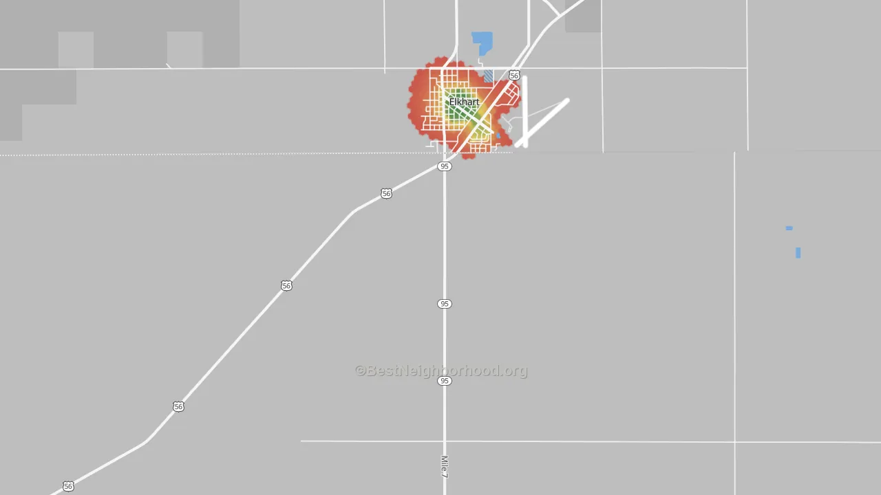 Walk Grade map of Elkhart, OK, walkable areas in green and car-dependent areas in red