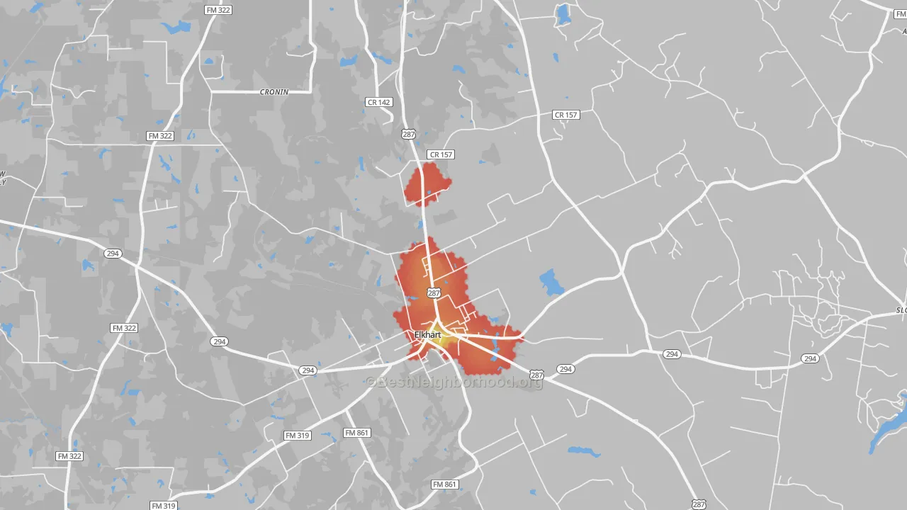 Walk Grade map of Elkhart, TX, walkable areas in green and car-dependent areas in red
