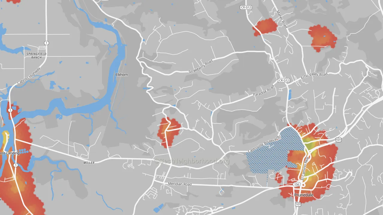 Walk Grade map of Elkhorn, CA, walkable areas in green and car-dependent areas in red