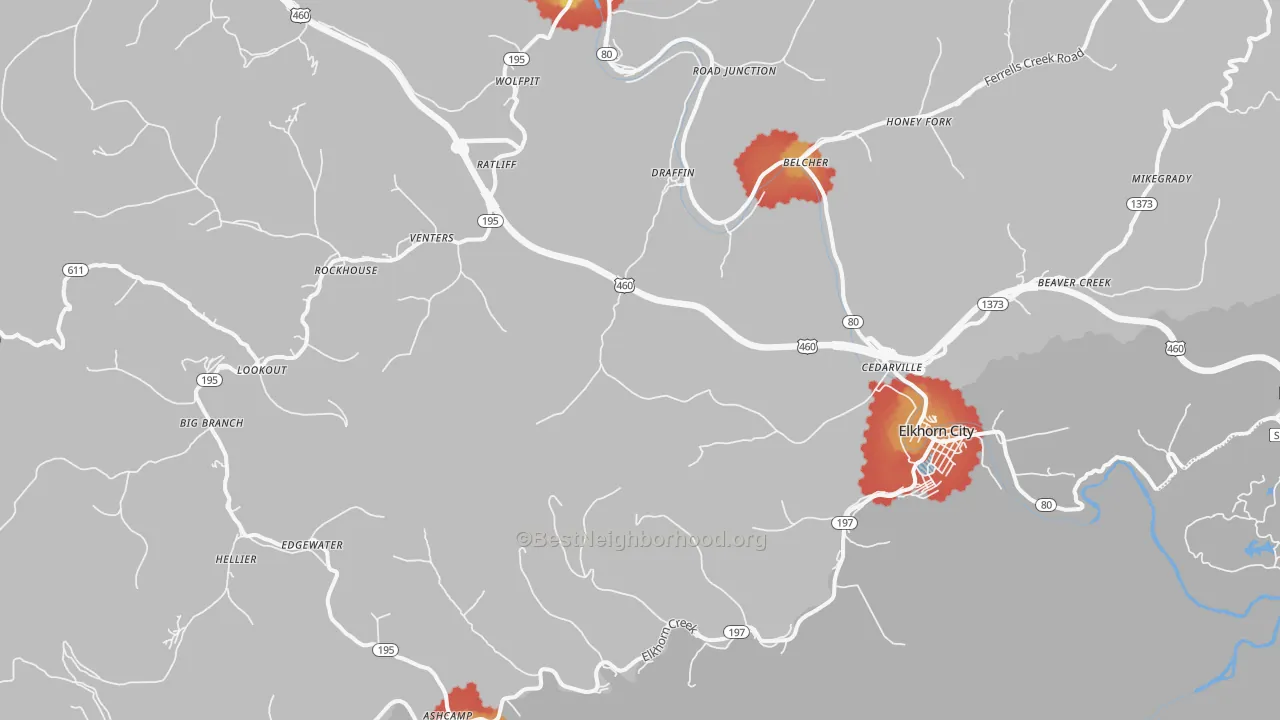 Walk Grade map of Elkhorn City, KY, walkable areas in green and car-dependent areas in red