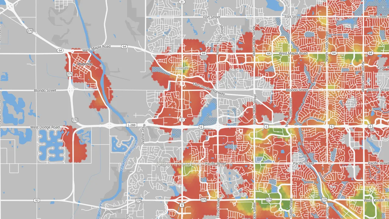Walk Grade map of Elkhorn, NE, walkable areas in green and car-dependent areas in red