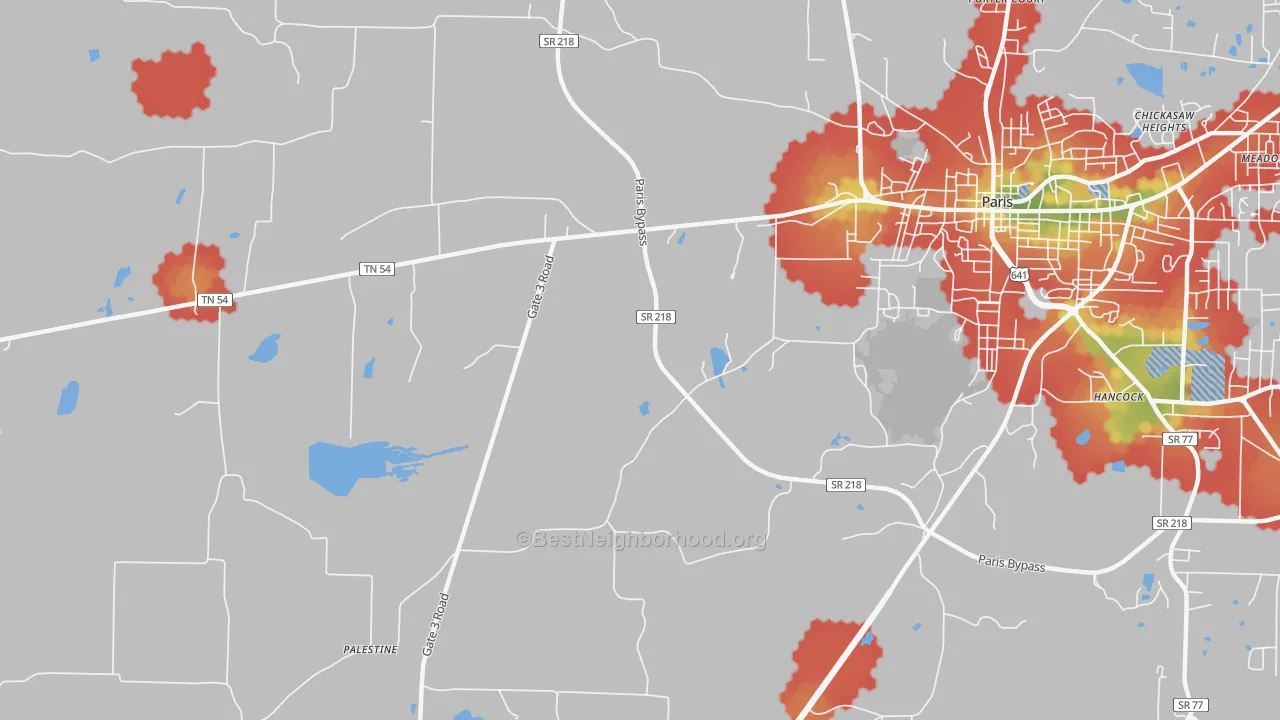 Walk Grade map of Elkhorn, TN, walkable areas in green and car-dependent areas in red