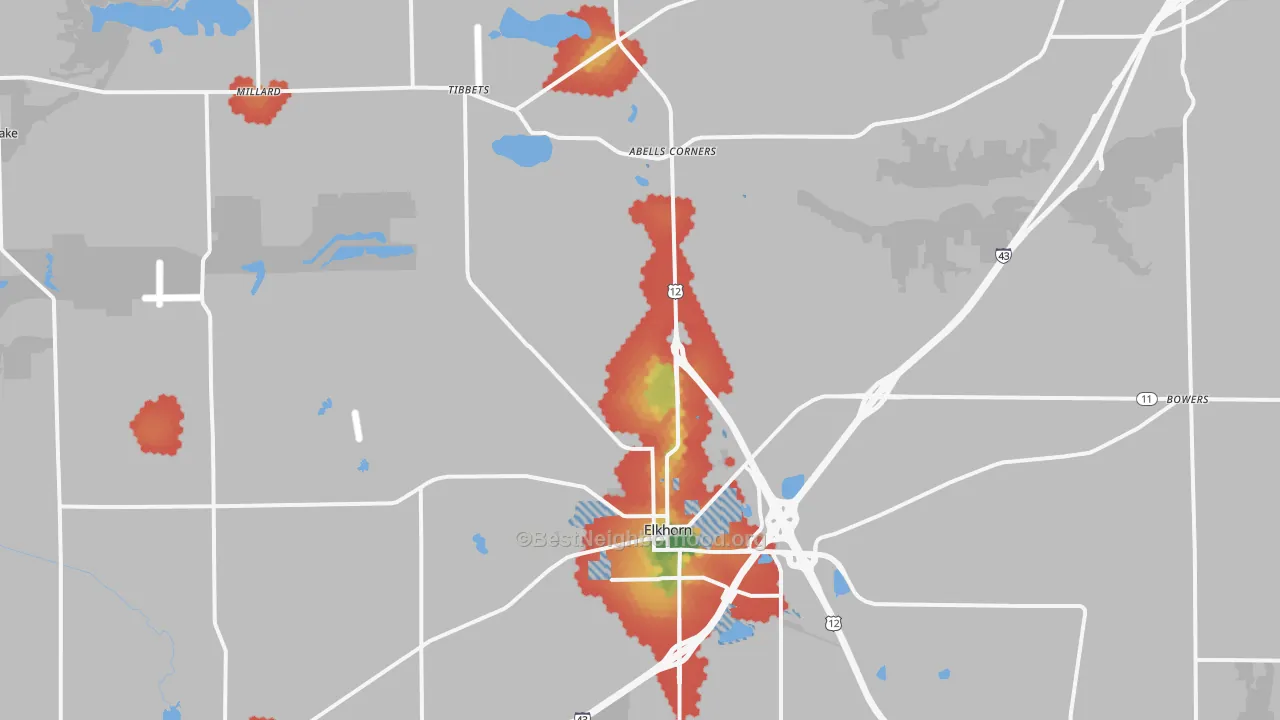 Walk Grade map of Elkhorn, WI, walkable areas in green and car-dependent areas in red