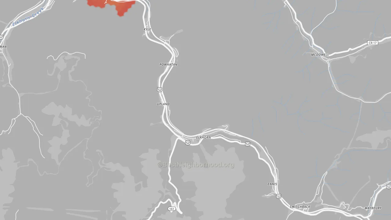 Walk Grade map of Elkhorn, WV, walkable areas in green and car-dependent areas in red