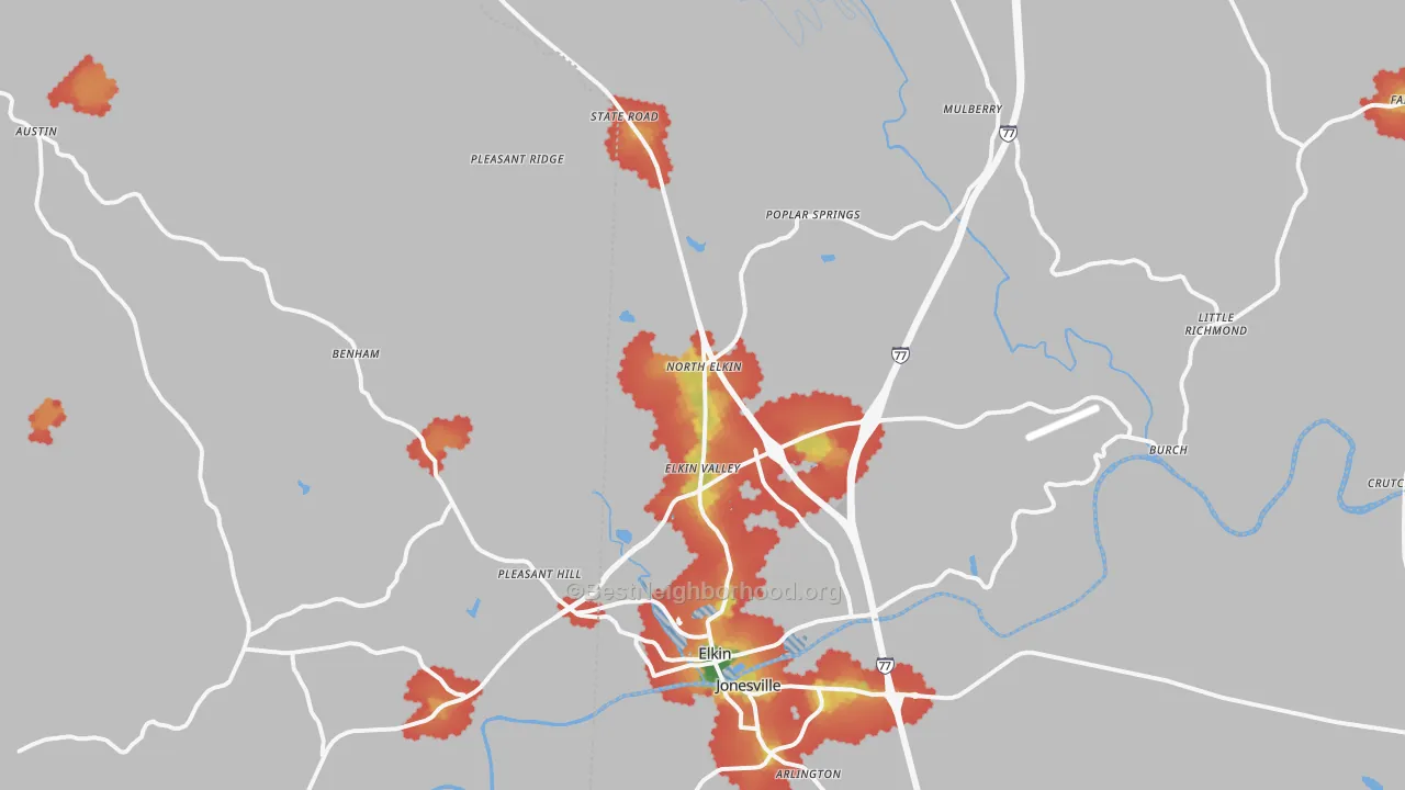 Walk Grade map of Elkin, NC, walkable areas in green and car-dependent areas in red