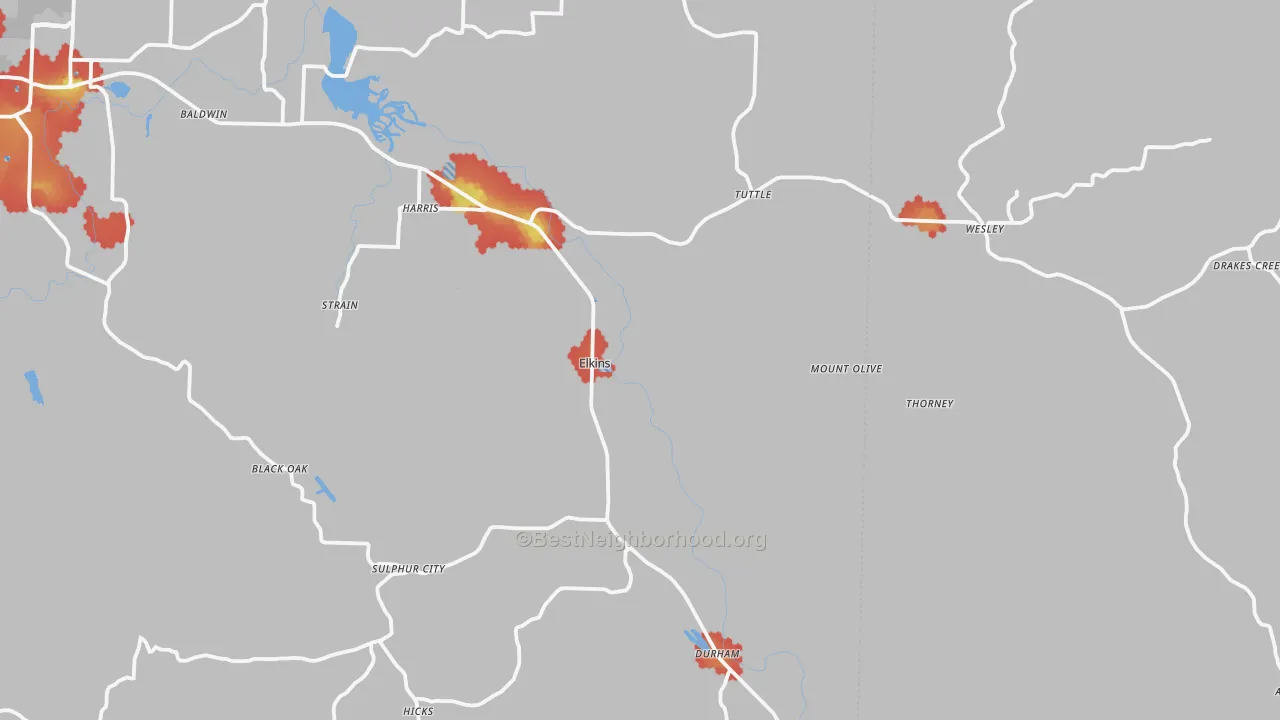 Walk Grade map of Elkins, AR, walkable areas in green and car-dependent areas in red