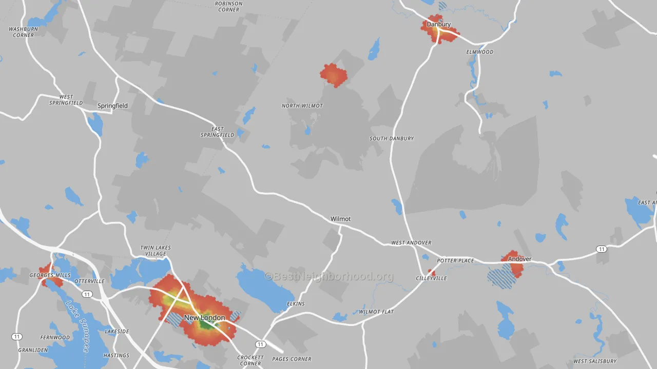 Walk Grade map of Elkins, NH, walkable areas in green and car-dependent areas in red
