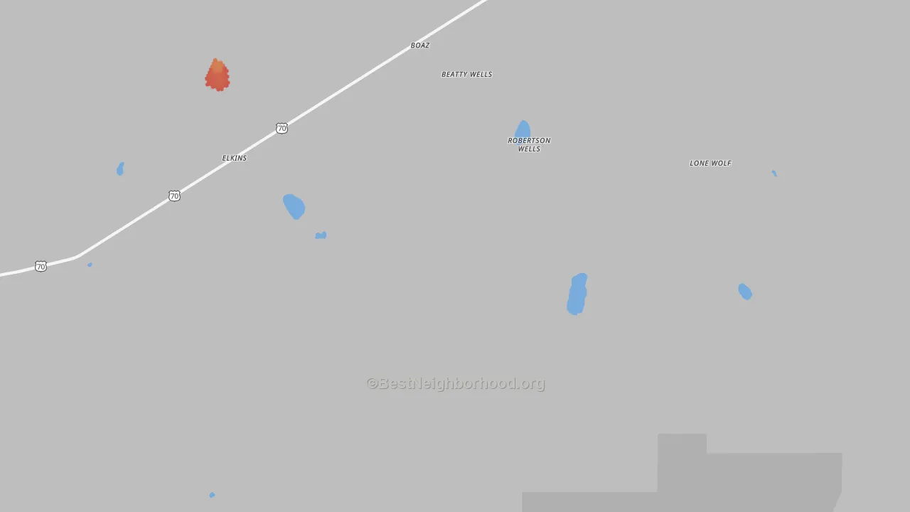 Walk Grade map of Elkins, NM, walkable areas in green and car-dependent areas in red