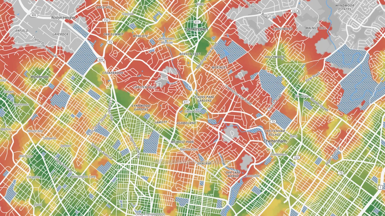 Walk Grade map of Elkins Park, PA, walkable areas in green and car-dependent areas in red
