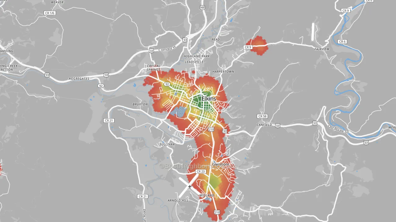 Walk Grade map of Elkins, WV, walkable areas in green and car-dependent areas in red