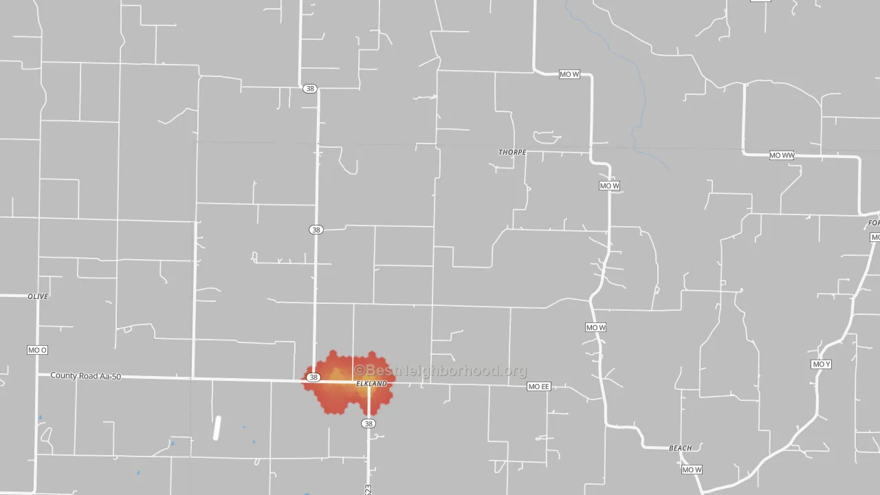 Walk Grade map of Elkland, MO, walkable areas in green and car-dependent areas in red