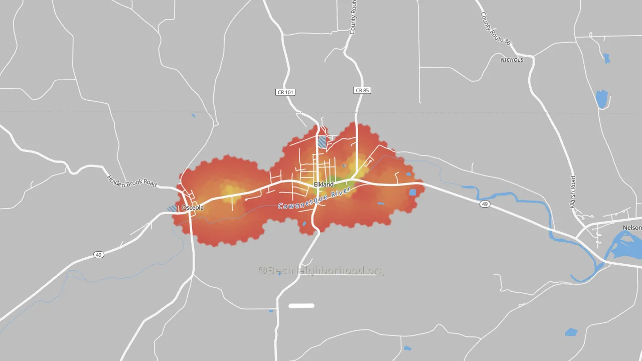Walk Grade map of Elkland, PA, walkable areas in green and car-dependent areas in red