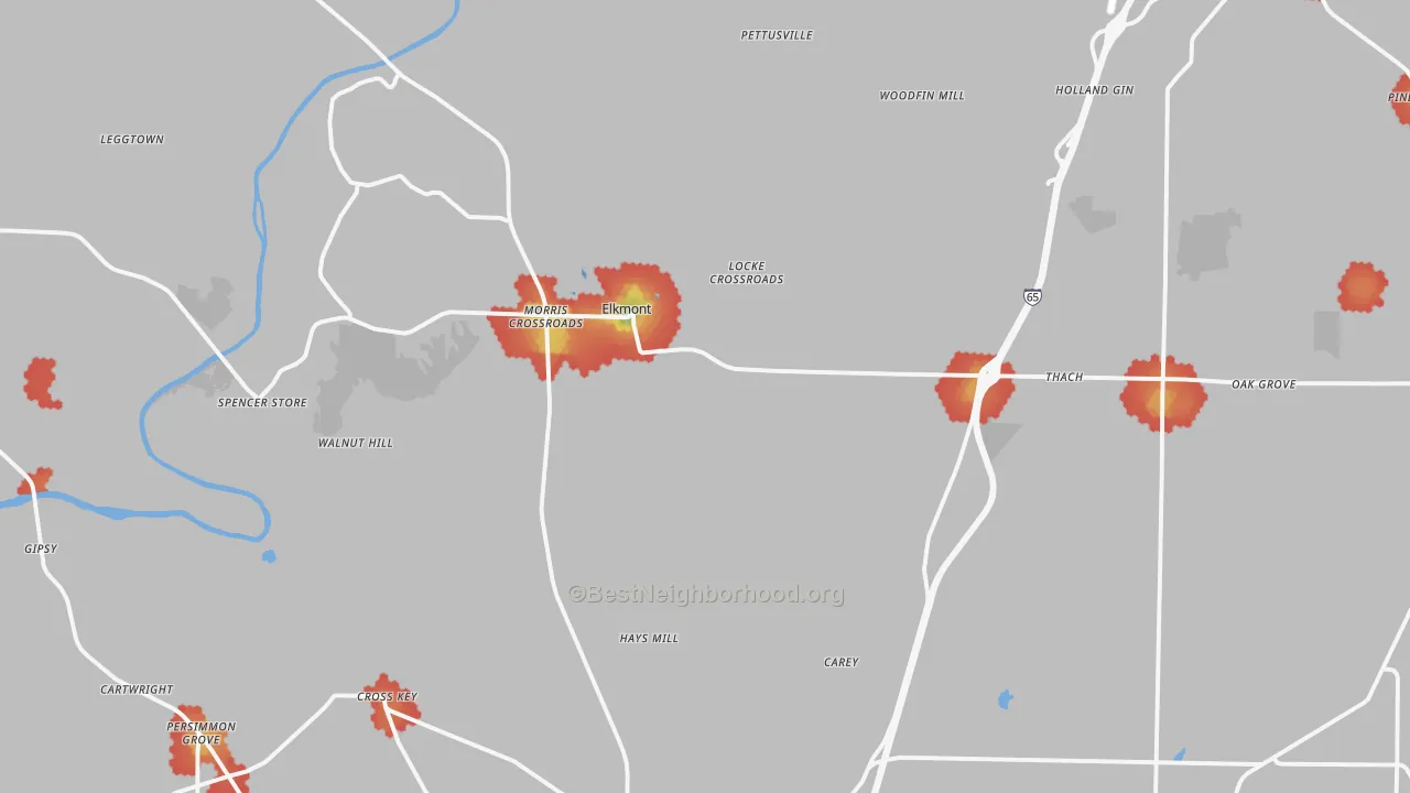 Walk Grade map of Elkmont, AL, walkable areas in green and car-dependent areas in red